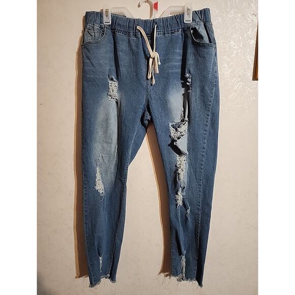 Womens Jeans Denim 34" Elastic Drawstring Waist Pull On Distressed Tapered - Picture 1 of 5